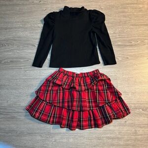 Crewcuts Sz 4-5 Red Plaid Ruffle Tiered Skirt & Black mock neck Long Sleeve Top